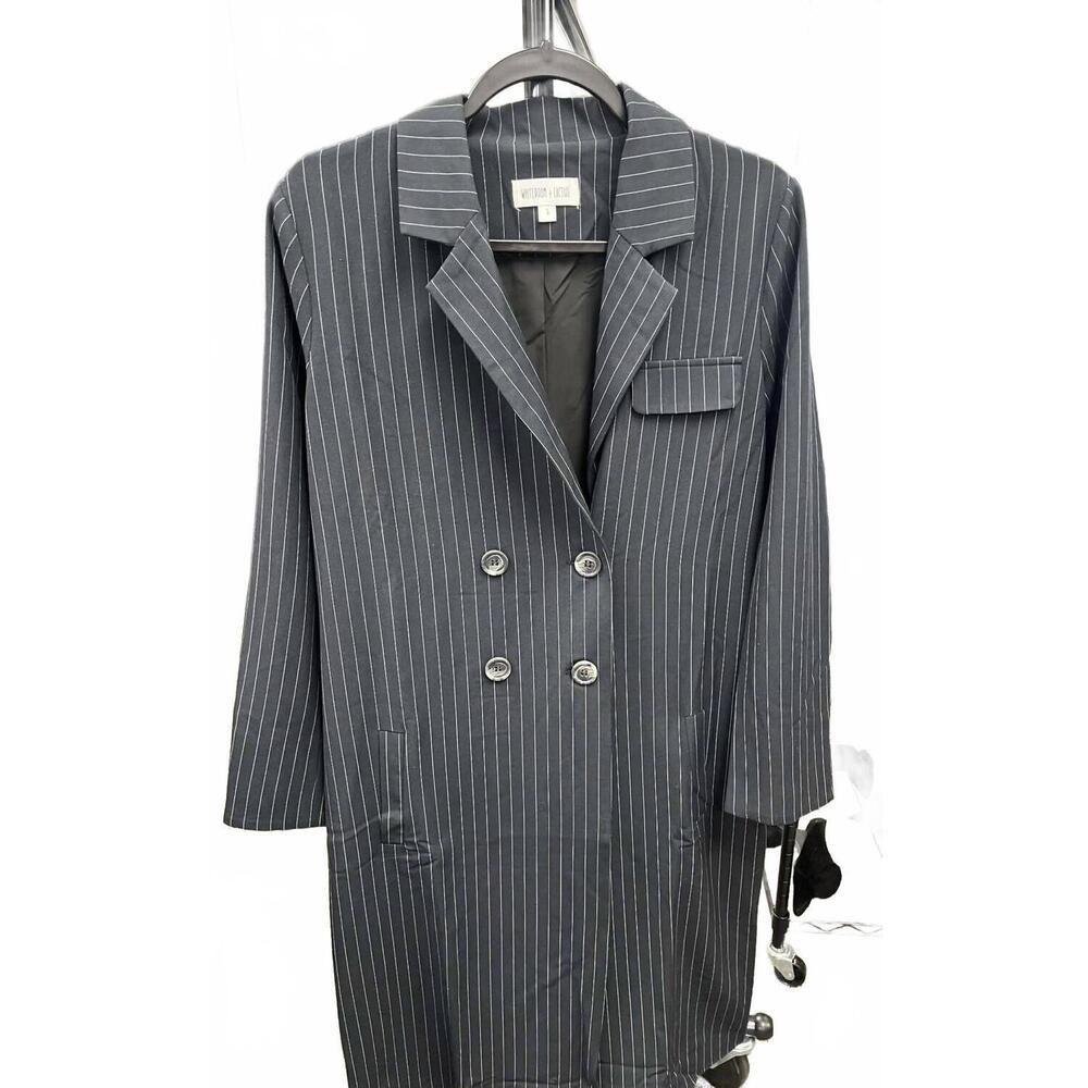 NEW WHITEROOM+CACTUS women’s pinstripe double-breasted long blazer in navy
